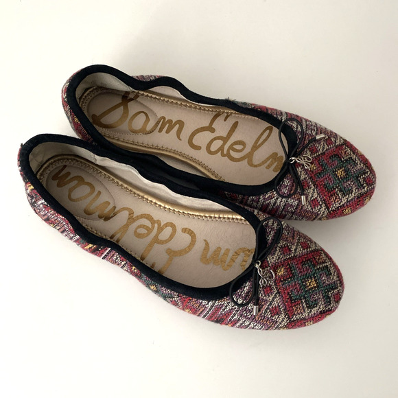 Sam Edelman Felicia Ballet Flat Embroidered Aztec Navajo Textile Bow Red 8.5 - Picture 2 of 6